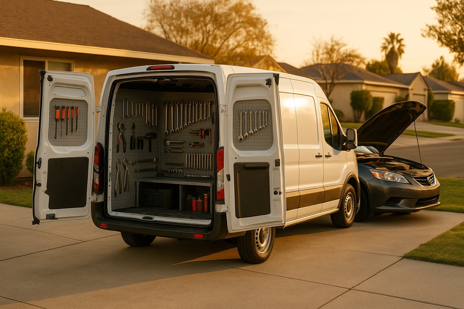 Mobile mechanic service van with rear doors open next to a car with its hood up in a California driveway