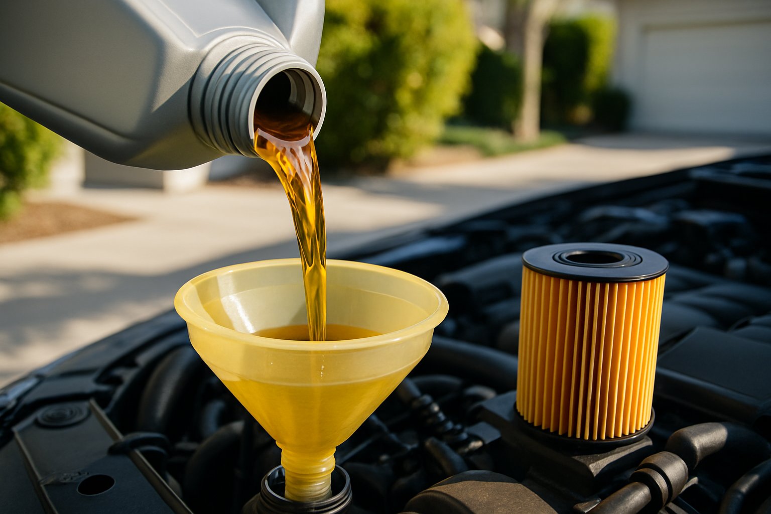 Fresh motor oil pouring into an engine funnel with a new filter beside it
