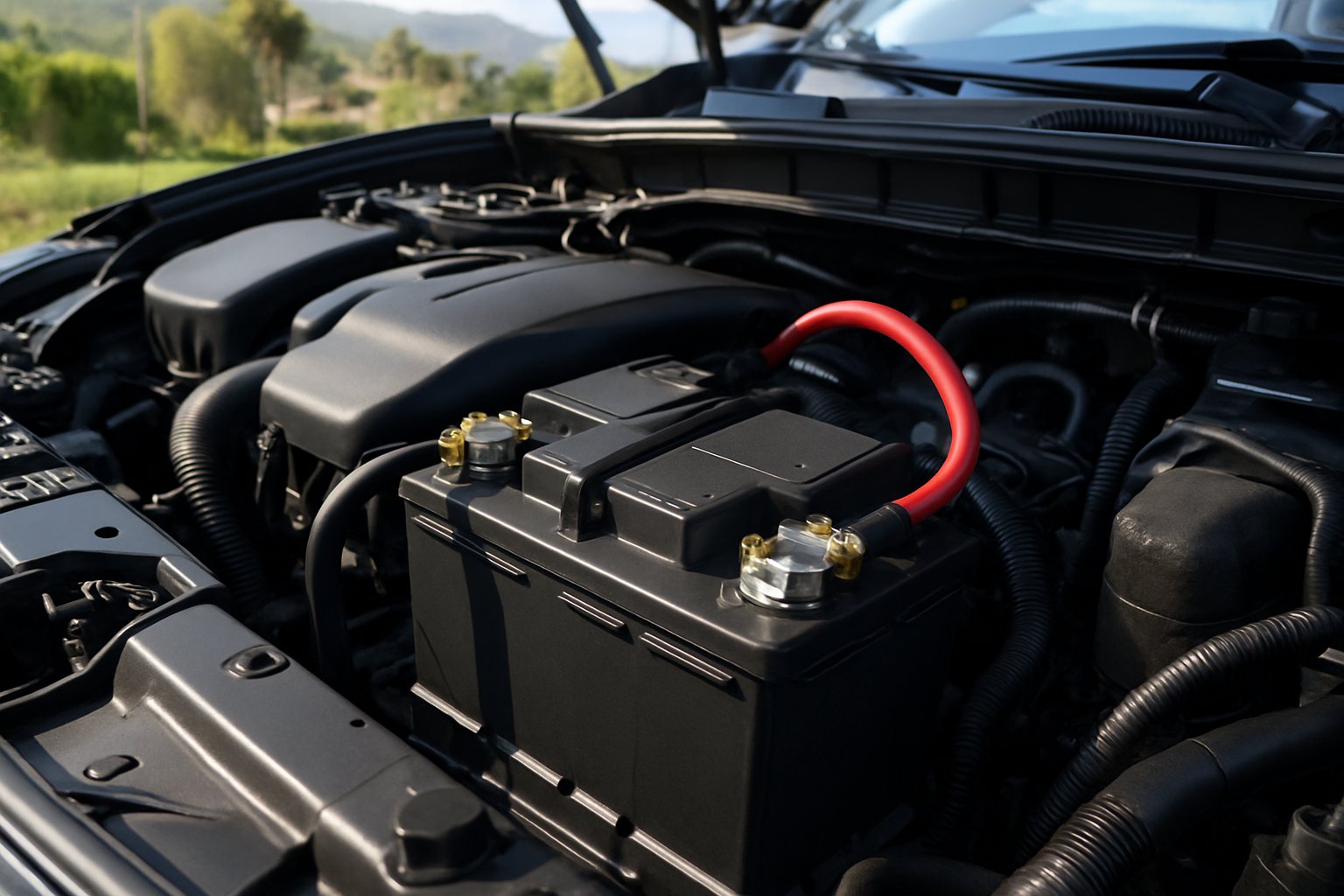 Car battery terminals with clean clamps inside an engine bay