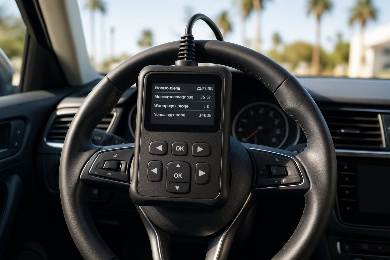 OBD2 diagnostic scanner resting on a steering wheel showing a readout