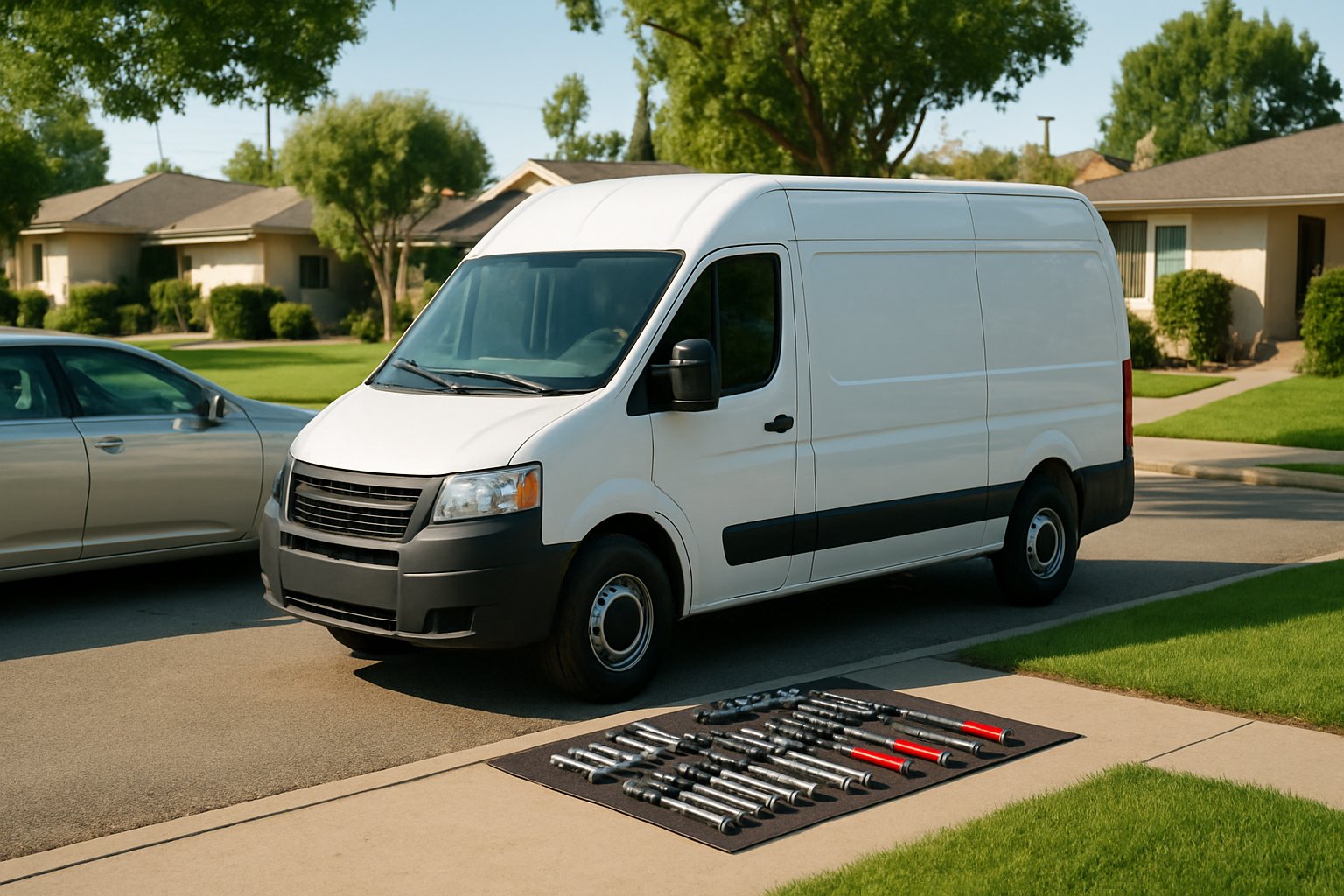 Service van parked at a residential curb with tools laid out on a mat beside a sedan