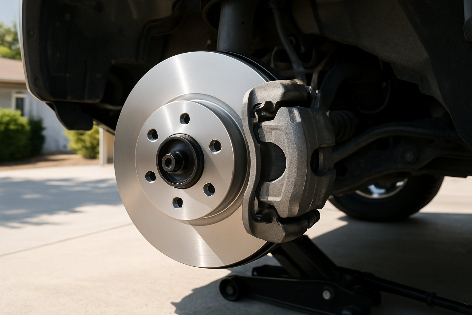 New brake rotor and caliper on a lifted wheel hub